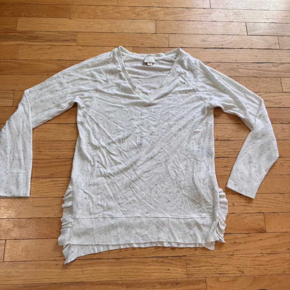 Postcard Anthropologie White Speckled V-Neck Sweater Ruffle Small Made in USA